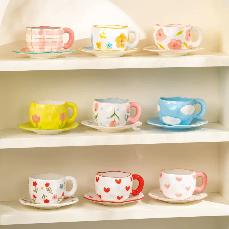 Caneca Criativa de Cerâmica 300ml - Estilo Coreano, Design de Flor Irregular, Feita à Mão - Ideal para Café, Chá e Café da Manhã