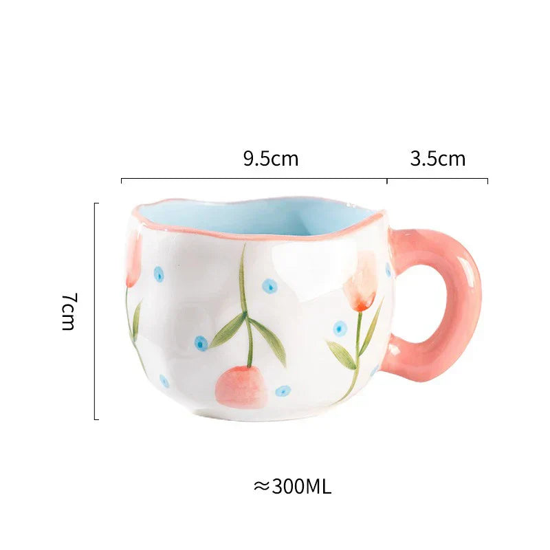 Caneca Criativa de Cerâmica 300ml - Estilo Coreano, Design de Flor Irregular, Feita à Mão - Ideal para Café, Chá e Café da Manhã